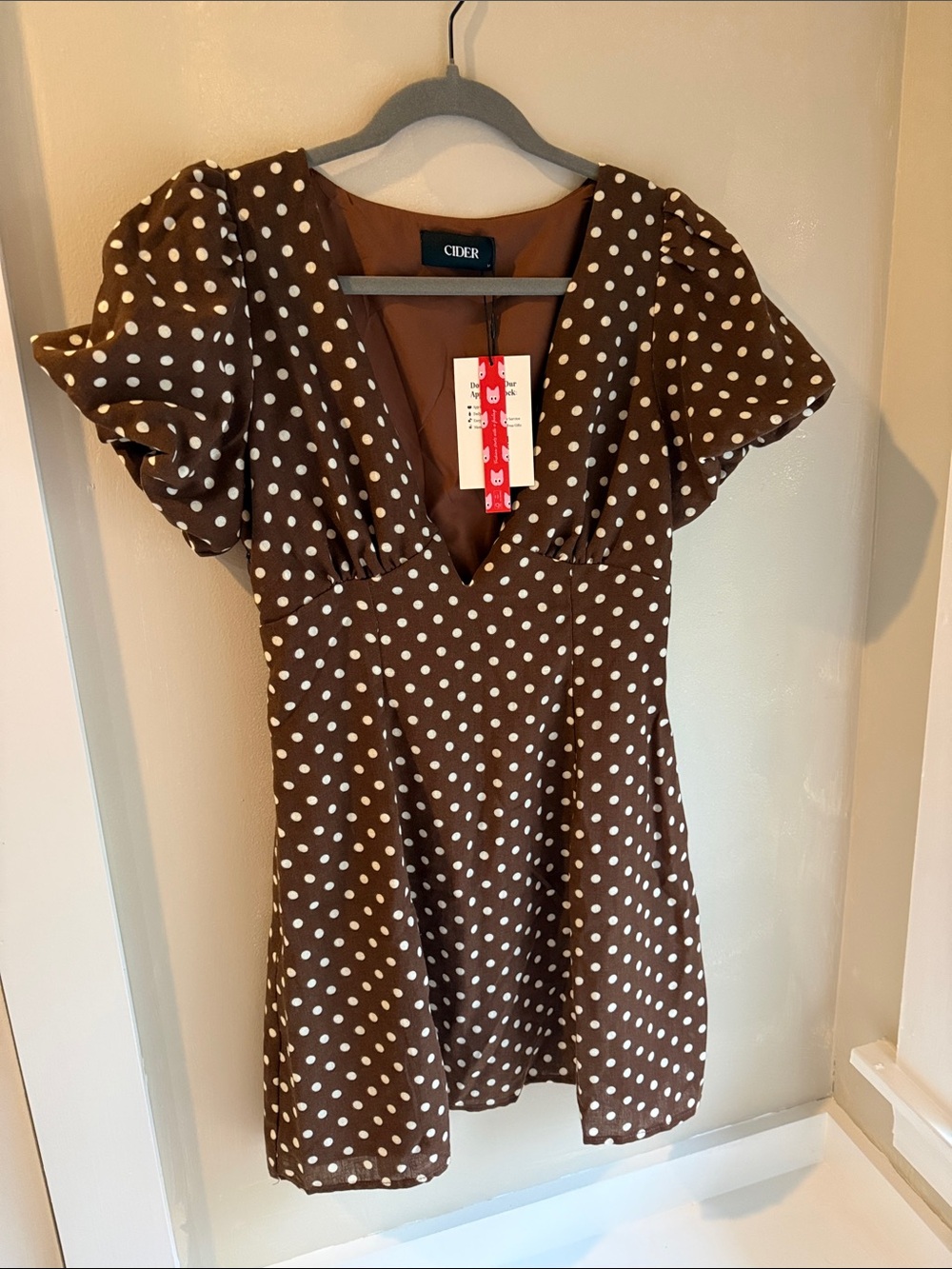 Cider Brown Polka Dot Puff Sleeve V-Neck Tunic